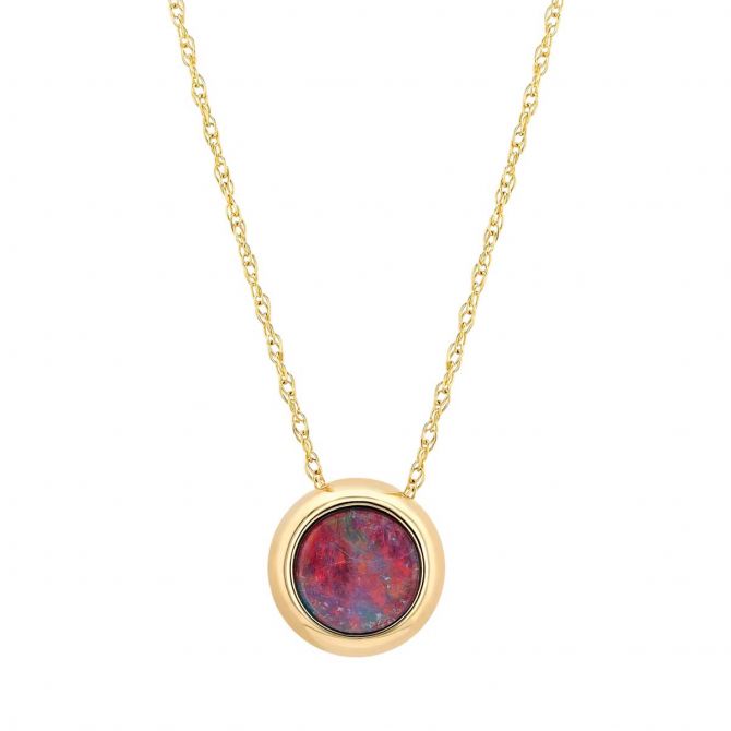 Round Cabochon Bezel Set Black Opal Pendant in Yellow Gold, 18"