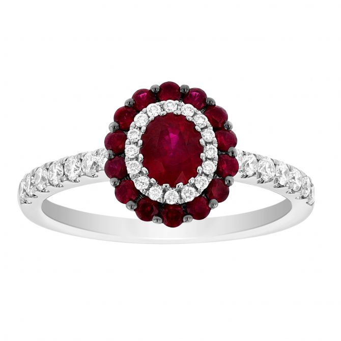 Oval Ruby with Diamond & Ruby Halo Ring in White Gold