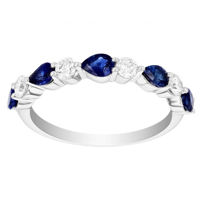 Pear Shaped Sapphire & Round Diamond Alternating Band Ring in White Gold