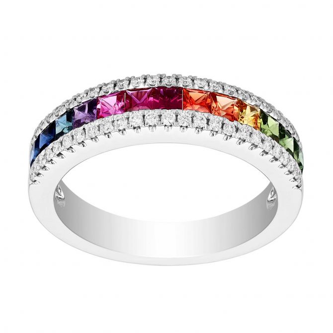 Princess Cut Multicolored Sapphire & Diamond Ring in White Gold