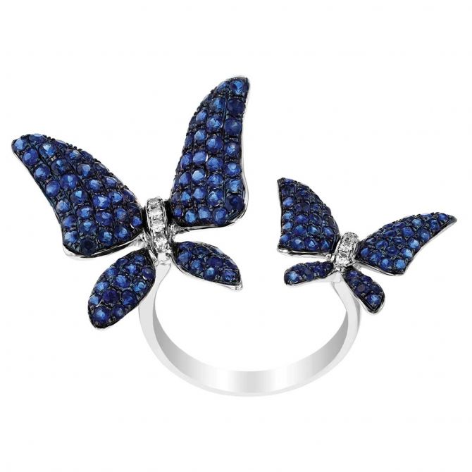 Sapphire Pave & Diamond Butterfly Duo Open Wrap Ring in White Gold