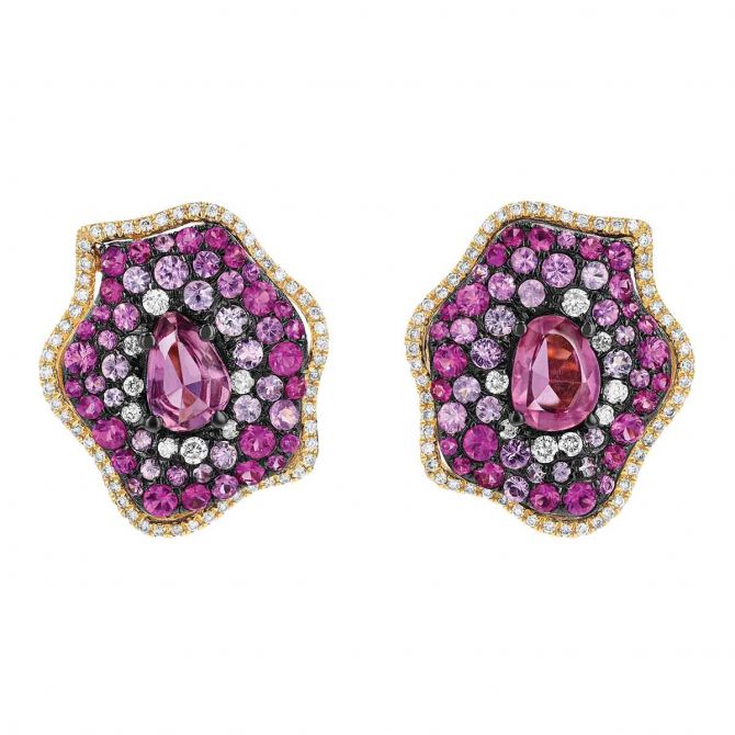 Ombre Pink Sapphire & Diamond Pave Mosaic Stud Earrings in Yellow Gold