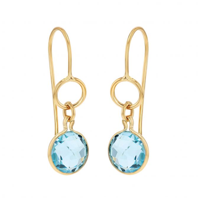 14K Yellow Gold Faceted Round Blue Topaz Drop Earrings