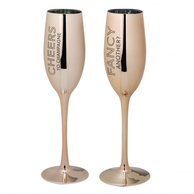 Two's Company Set of 2 Metallic Glass Champagne Flutes (Fancy/Cheers)