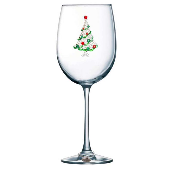 Stemmed Wine Glass with Jeweled Christmas Tree -qj