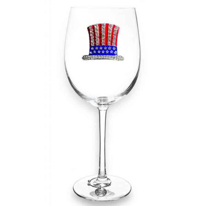 The Queens' Jewels Red White and Blue Patriotic hat Jeweled Stemmed Wine Glass