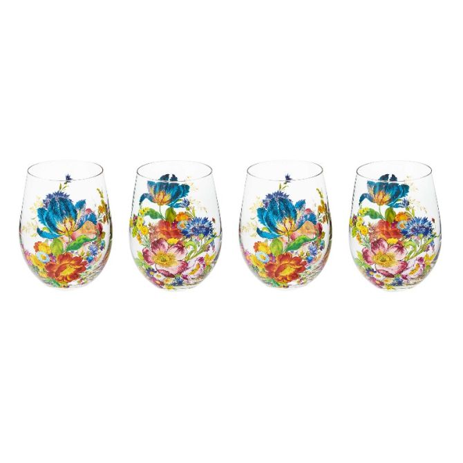 MacKenzie-Childs Flower Market Stemless Wine Glasses, Set of 4