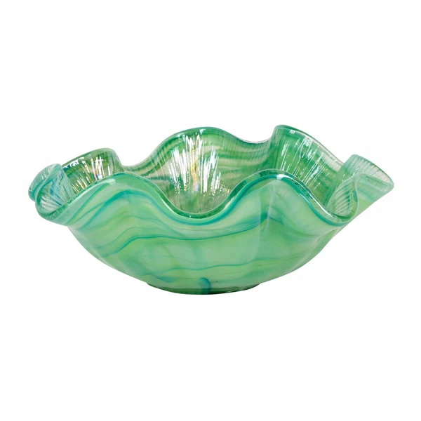 Vietri Onda Glass Green Ruffled Round Bowl