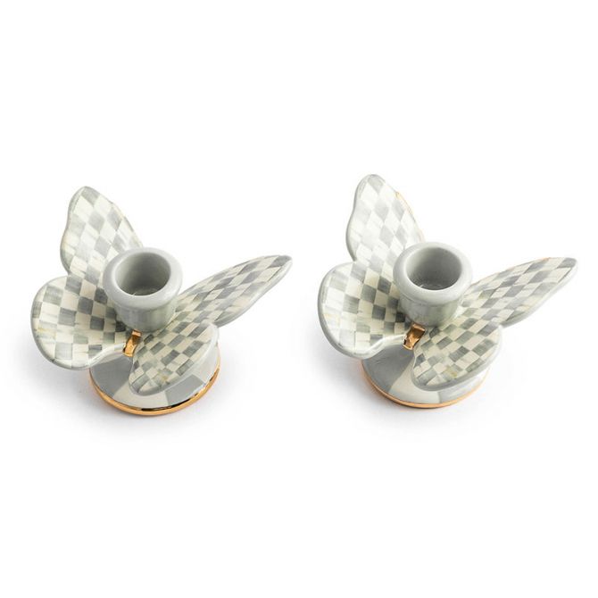 MacKenzie-Childs Sterling Check Butterfly Candle Holders, Set of 2