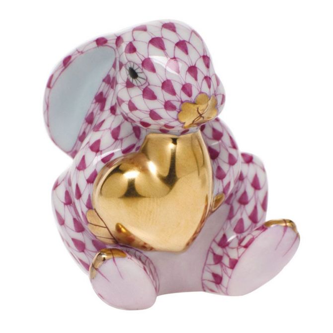 Herend Bunny with Heart Figurine, Raspberry