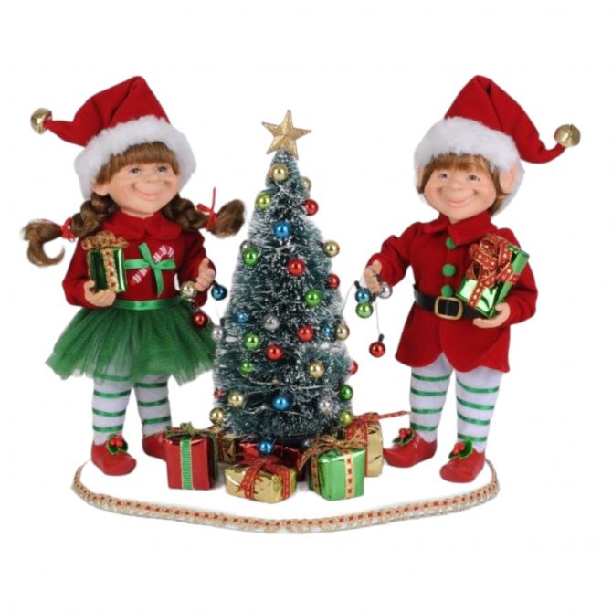 Karen Didion Lighted Tree Trimming Elves on Base, Set of 2