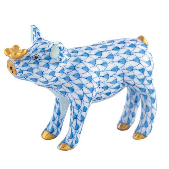 Herend Pig With Butterfly Figurine, Light Blue