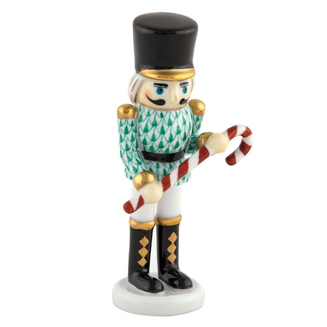 Herend Small Nutcracker With Candy Cane Figurine, Light Green