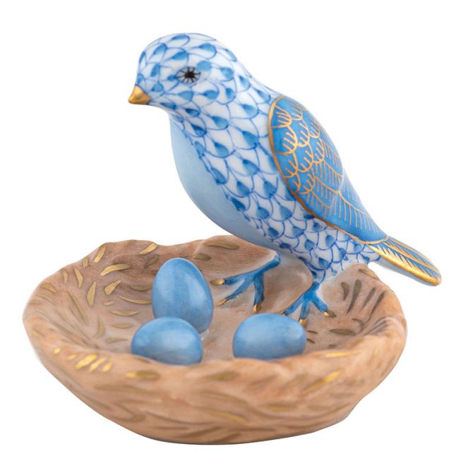 Herend Bird with Nest Figurine, Light Blue