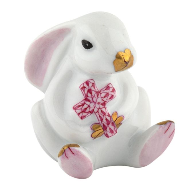 Herend Bunny with Cross Figurine, Raspberry