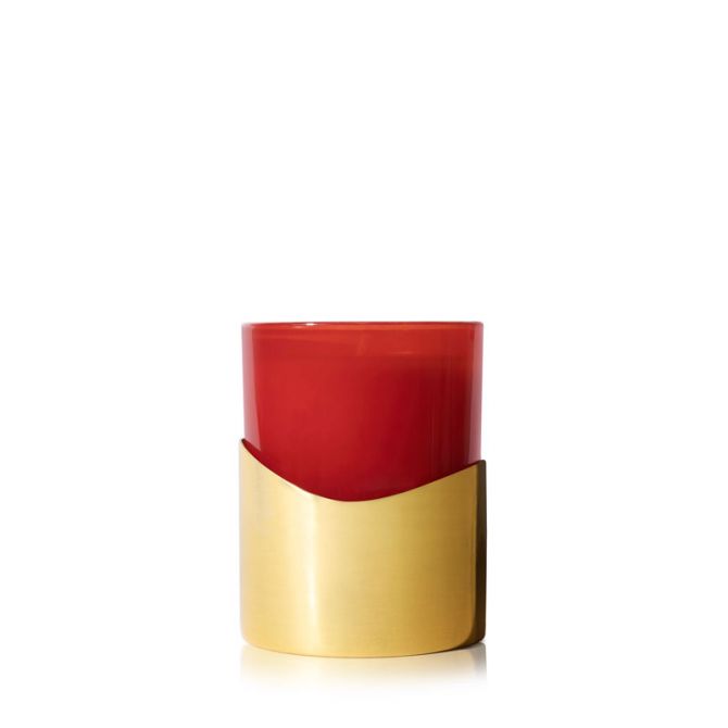 Thymes Simmered Cider Harvest Red Poured Candle with Gold Tone Sleeve