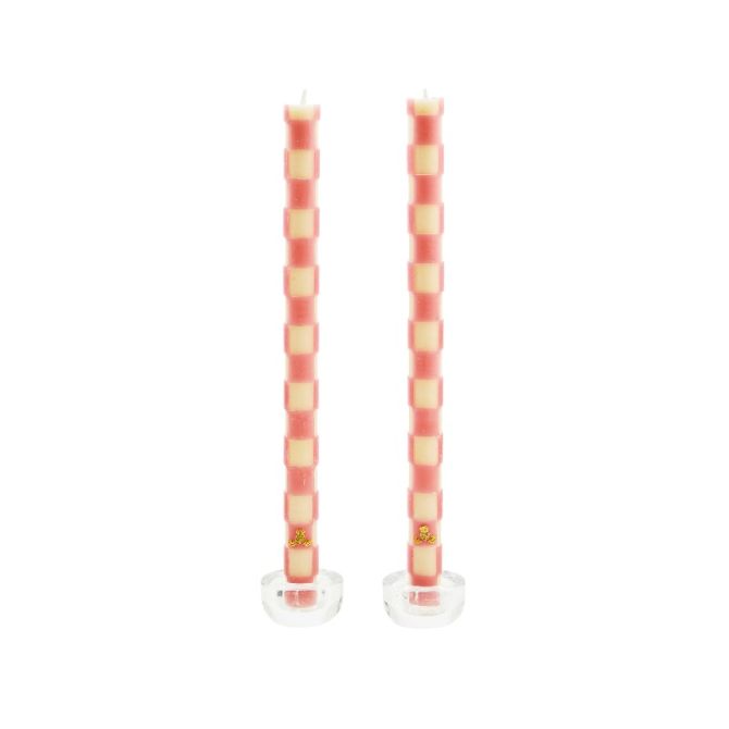 MacKenzie-Childs Check Pink Dinner Candles, Set of 2