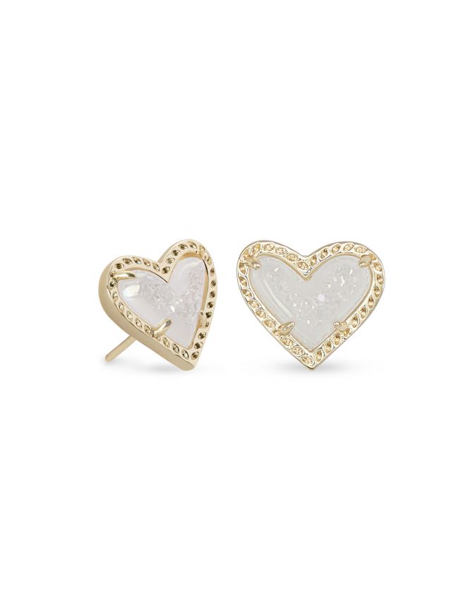 Kendra Scott Ari Heart Gold Tone Stud Earrings, Iridescent Drusy