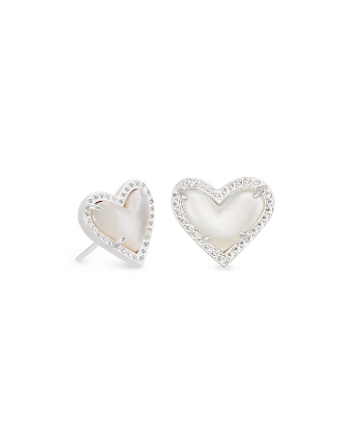 Kendra Scott Ari Heart Silver Tone Stud Earrings in Ivory Mother of Pearl