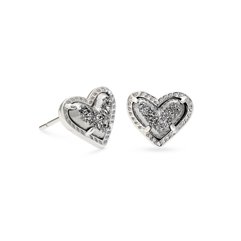 Kendra Scott Ari Heart Silver Tone Stud Earrings in Platinum Drusy ...