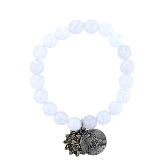 Miracle Icons by Mary Jo Pane Faceted White Jade 10mm Beaded Bracelet