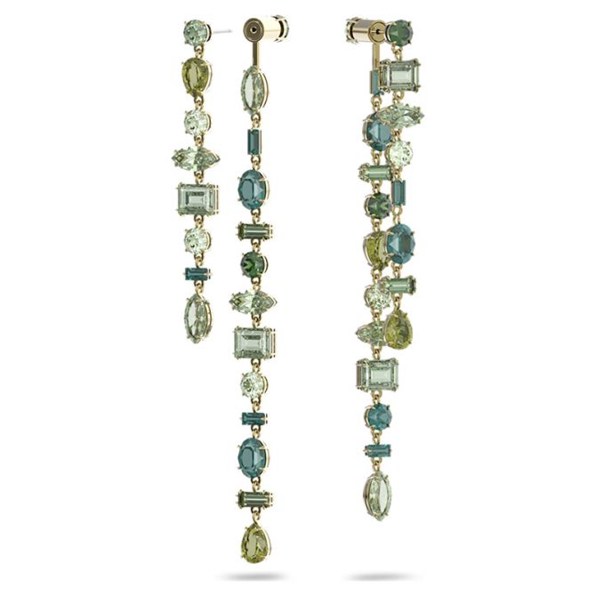 Swarovski Gema Asymmetrical Long Earrings, Green and Gold Tone