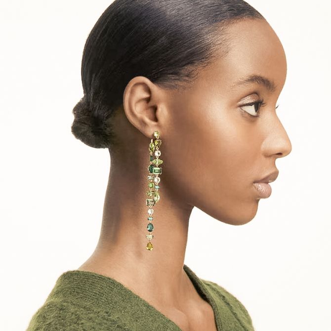 Swarovski Gema Asymmetrical Long Earrings, Green and Gold Tone