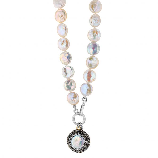 Pearly Girls Classic Coin Pearl with Mother of Pearl and Marcasite Pendant Necklace