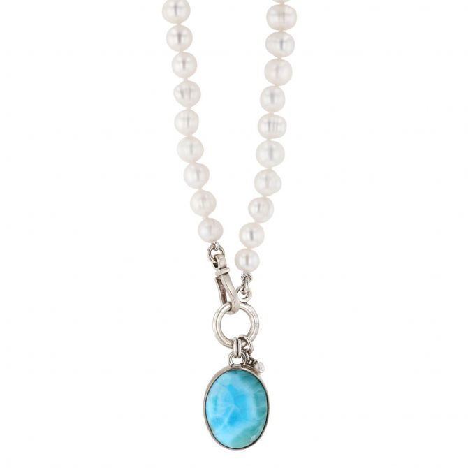 Pearly Girls Laura Pearl and Larimar Pendant Necklace