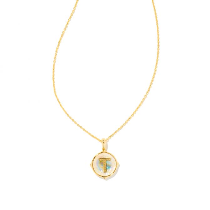 Letter A Gold Disc Reversible Pendant Necklace in Iridescent Abalone