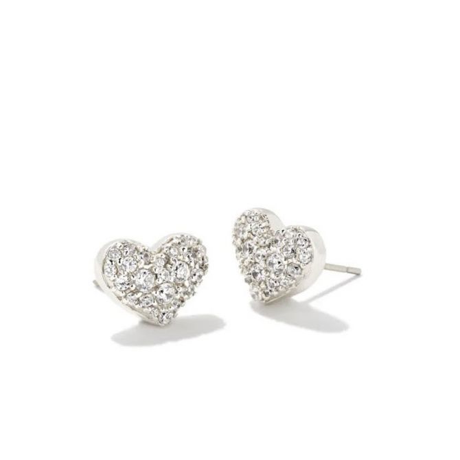 Kendra Scott Ari Silver Tone Pave Crystal Heart Earrings in White Crystal