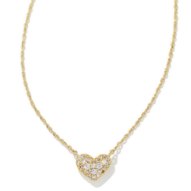 Kendra Scott Ari Gold Tone Pave Crystal Heart Necklace in White Crystal