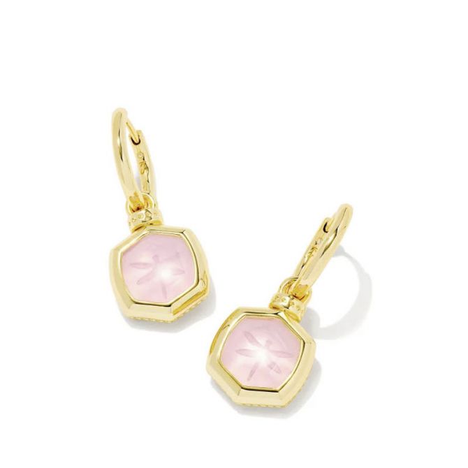 Kendra Scott Davie Intaglio Convertible Gold Tone Huggie Earrings in Pink Opalite Glass