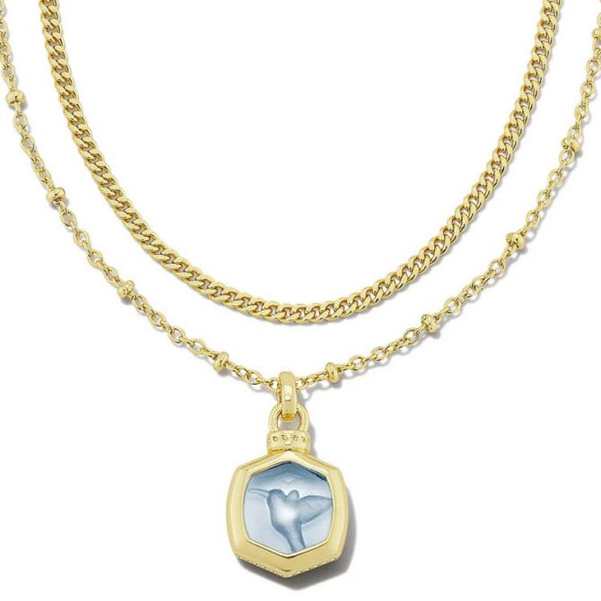 Kendra Scott Davie Intaglio Gold Tone Multi Strand Necklace in Light Sky Blue Glass