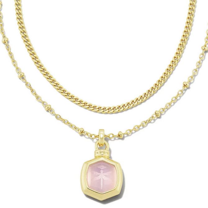 Kendra Scott Davie Intaglio Gold Tone Multi Strand Necklace in Pink Opalite Glass