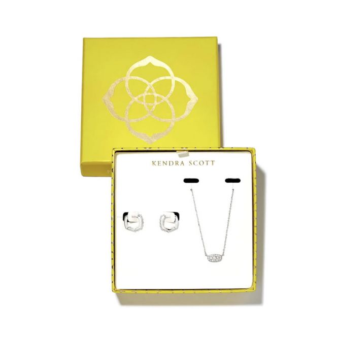 Kendra Scott Grayson Silver Tone Pendant and Huggie Gift Set in White Crystal