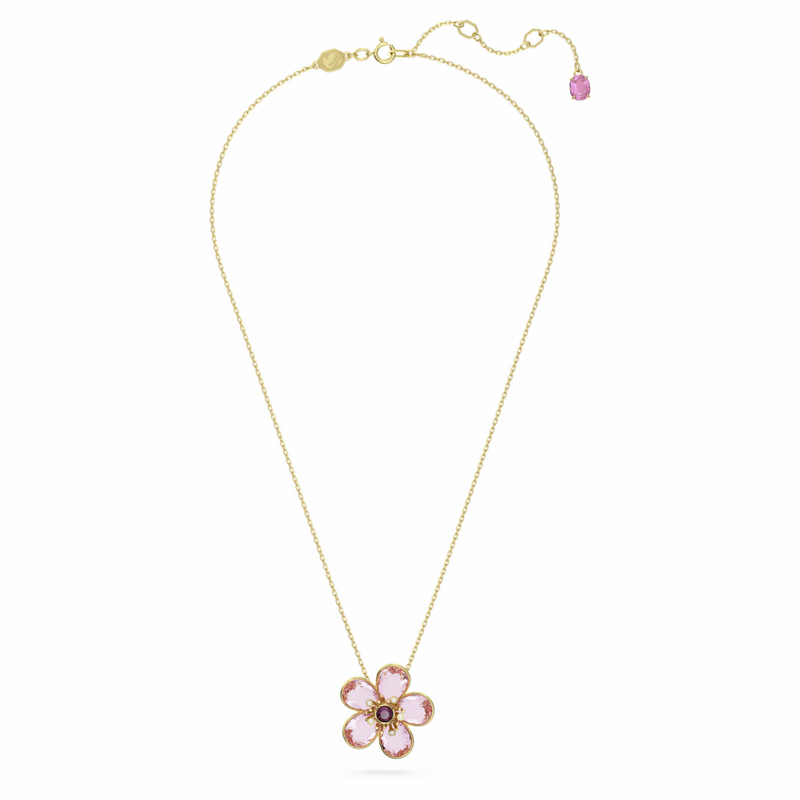 Florere necklace, Flower, Pink, Gold-tone plated