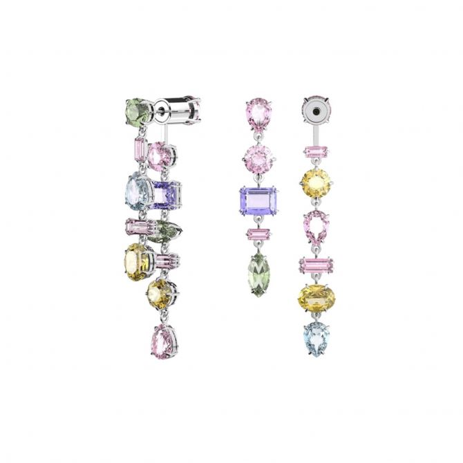 Swarovski Gema Asymmetrical Mixed Cut Long Drop Earrings, Multicolored and Rhodium Plated