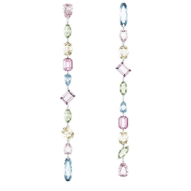 Swarovski Gema Asymmetrical Mixed Cuts Extra Long Drop Earrings, Multicolored and Rhodium Plated