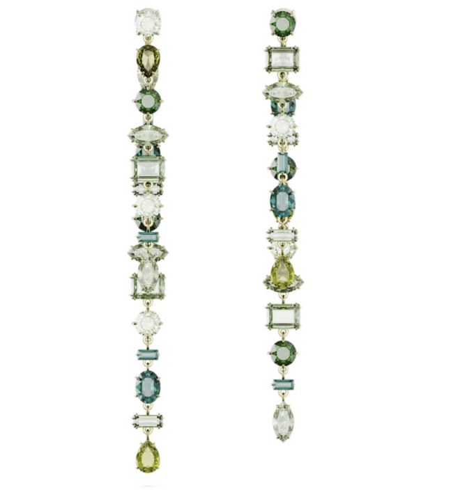 Swarovski Gema Asymmetrical Mixed Cuts Extra Long Drop Earrings, Green and Gold Tone Plated