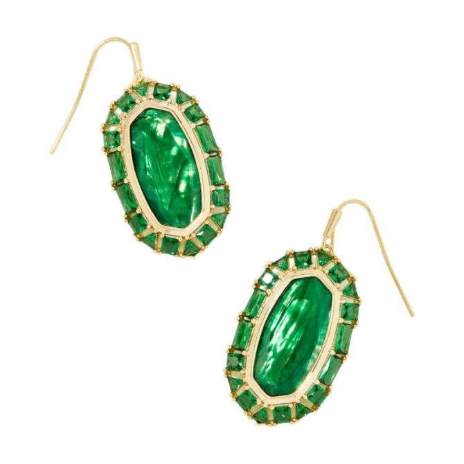 Kendra Scott Elle Yellow Gold Crystal Frame Drop Earrings in Kelly Green Illusion