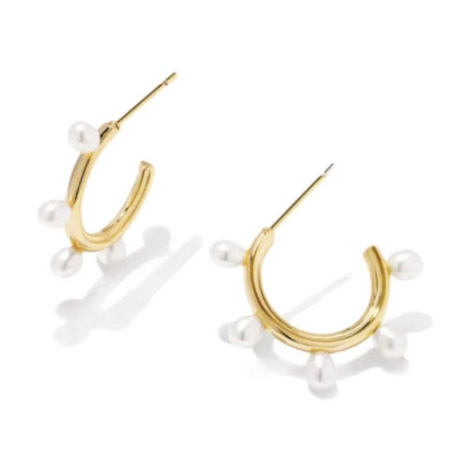 Kendra Scott Leighton Yellow Gold Plated Pearl Huggie Earrings in White Pearl