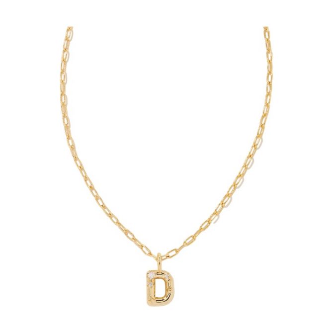 Kendra Scott Crystal Letter D Yellow Gold Short Pendant Necklace in White Crystal