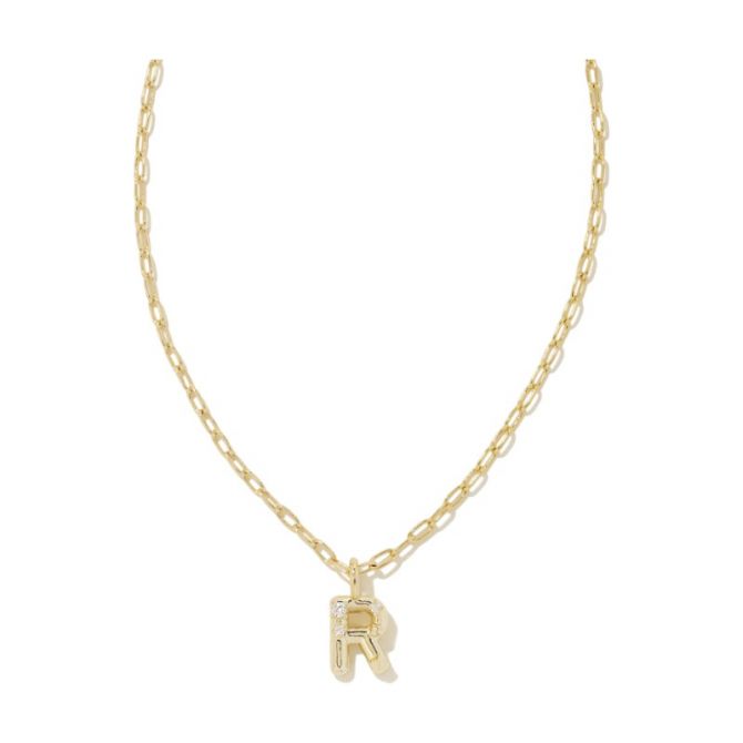 Kendra Scott Crystal Letter R Yellow Gold Plated Short Pendant Necklace in White Crystal