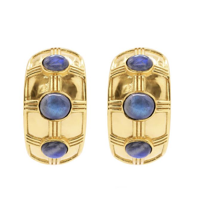 Capucine De Wulf Cleopatra Bold Hoop Earrings, Yellow Gold Plate and Blue Labradorite