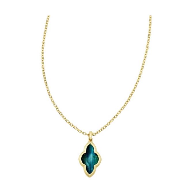 Kendra Scott Framed Abbie Yellow Gold Plated Short Pendant Necklace in Teal Tiger's Eye