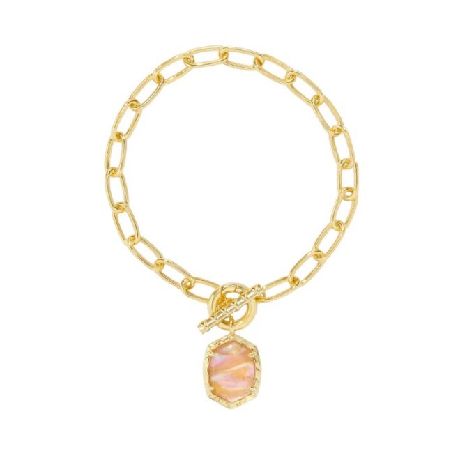 Kendra Scott Daphne Yellow Gold Plated Link and Chain Bracelet in Light Pink Iridescent Abalone