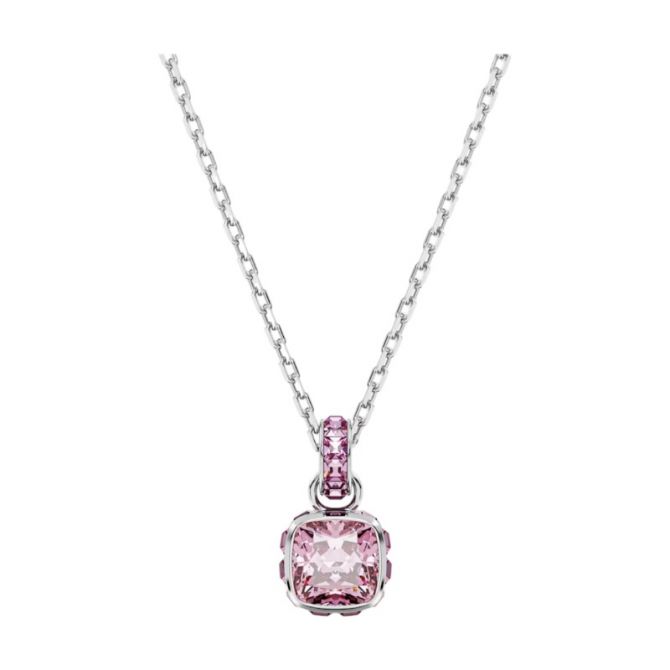 Swarovski October Birthstone Square Cut Pendant Necklace, Pink and Rhodium Plated