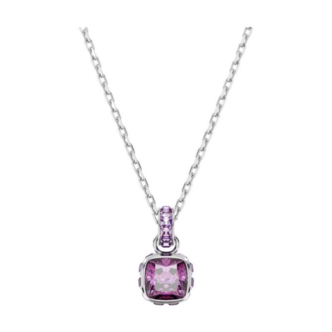 Swarovski February Birthstone Square Cut Pendant Necklace, Pink and Rhodium Plated