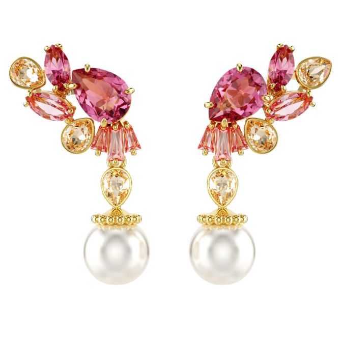 Swarovski Gema Mixed Cuts Crystal Pearls and Flower Drop Earrings, Pink and Yellow Gold Tone Plated